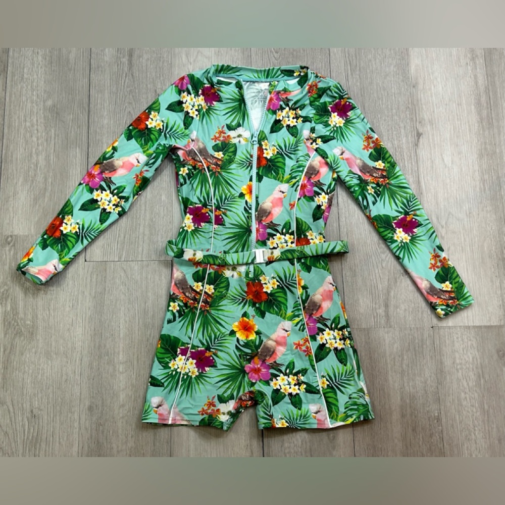 Coco Cabana Teen Girls Tropical One Piece Full Coverage Long Sleeve Swim Suit M